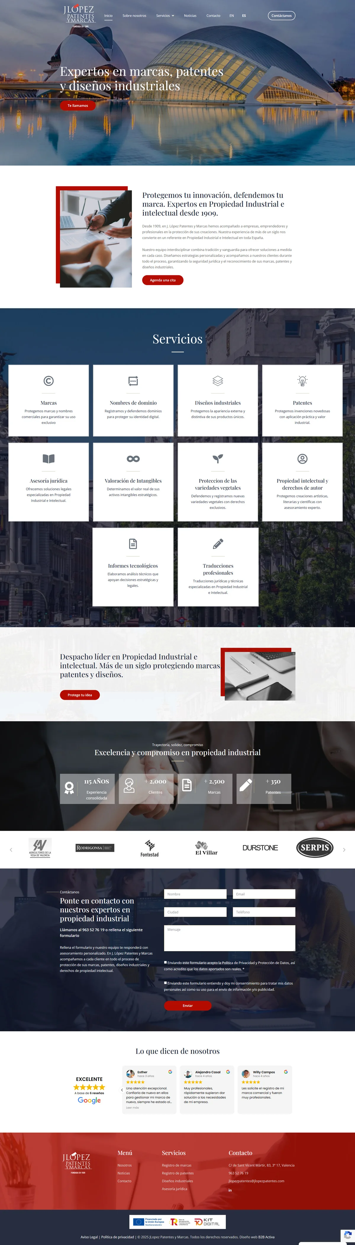 Página interior de la web de JLopez Patentes y Marcas