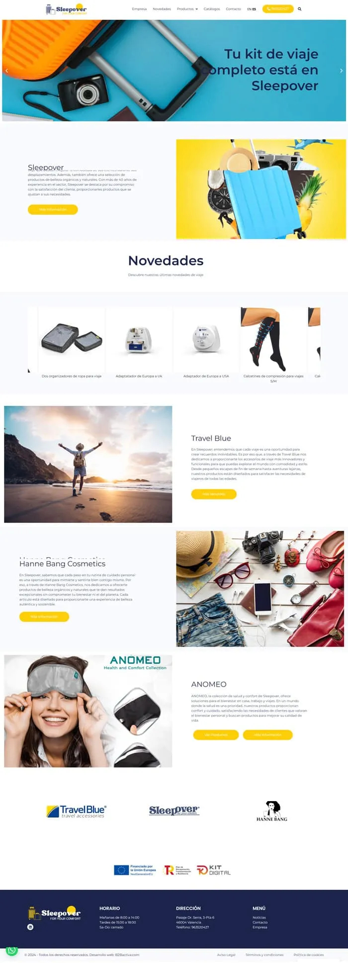 Web corporativa de Sleepover, marca de productos de viaje y belleza orgánica